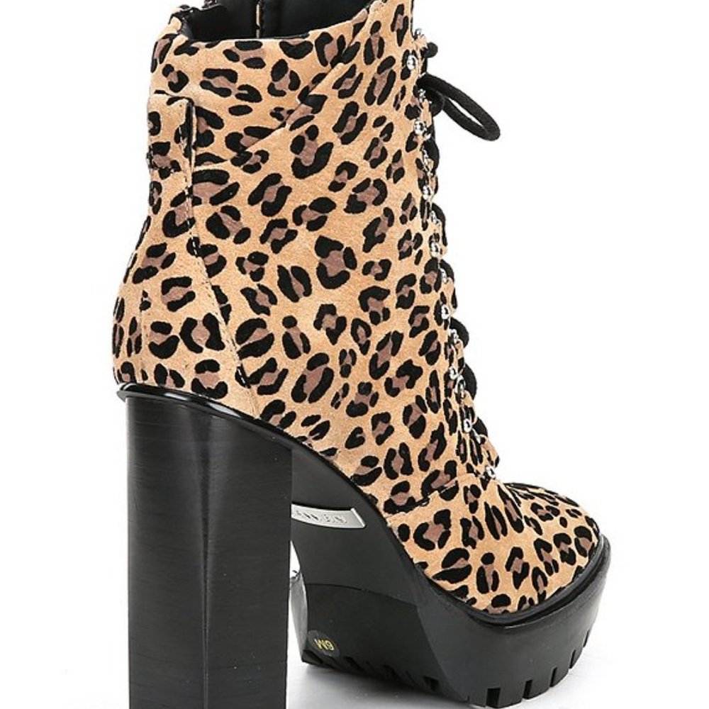 Ambelynn Suede Cheetah Print Heeled Combat Booties - Picture 3 of 6